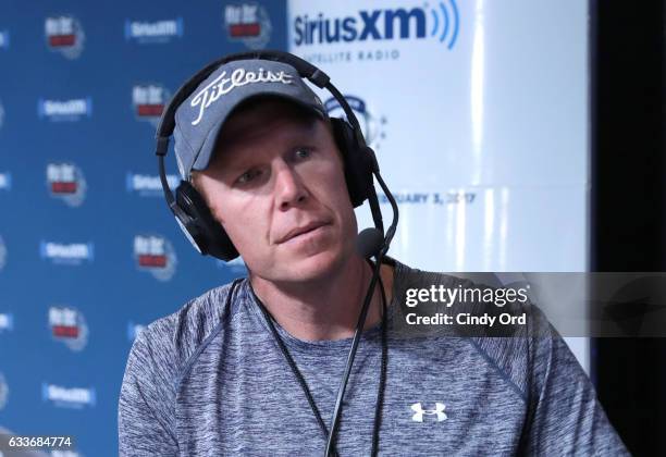 Former NFL player Matt Birk visits the SiriusXM set at Super Bowl LI Radio Row at the George R. Brown Convention Center on February 3, 2017 in...