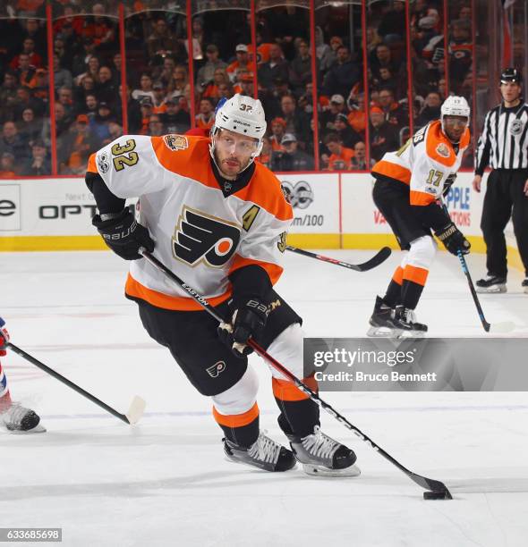 Mark Streit of the Philadelphia Flyers skates against the Montreal Canadiens at the Wells Fargo Center on February 2, 2017 in Philadelphia,...