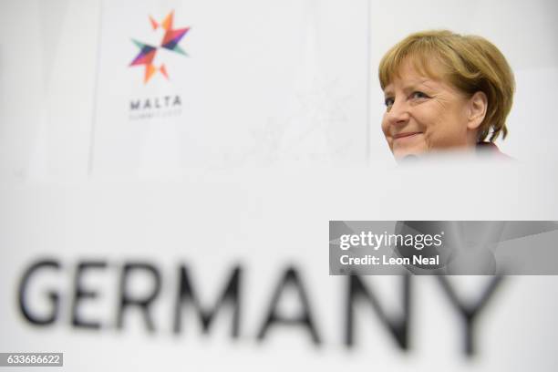 German Chancellor Angela Merkel attends a round table meeting at the EU Informal Summit on February 3, 2017 in Valletta, Malta. Theresa May attends...
