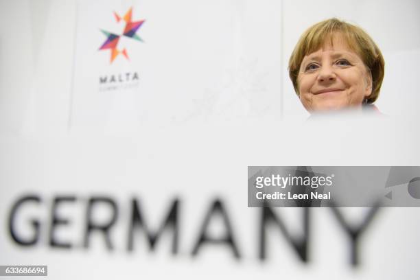 German Chancellor Angela Merkel attends a round table meeting at the EU Informal Summit on February 3, 2017 in Valletta, Malta. Theresa May attends...