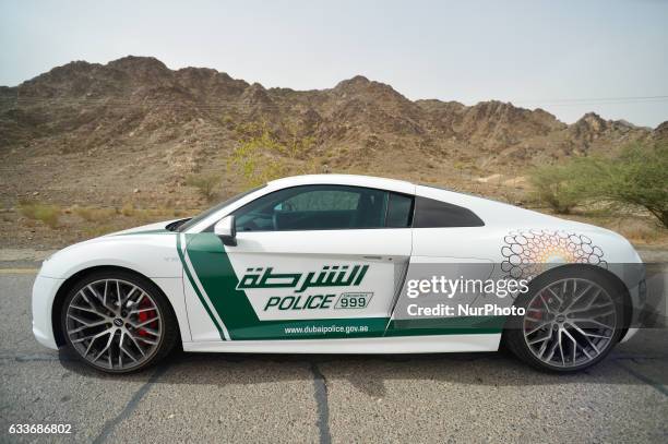 Side view of a new Audi R8 car, a part of the Dubai Police supercar patrol fleet. On Friday, 3rd February in Dubai, UAE.