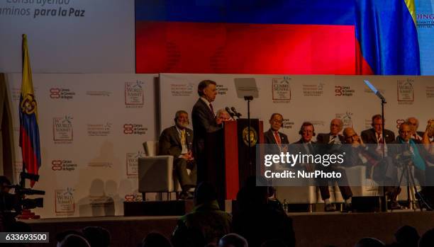 Colombian President and 2016 Nobel peace laureate Juan Manuel Santos delivers a speech during the opening ceremony of the 16th World Summit of Nobel...