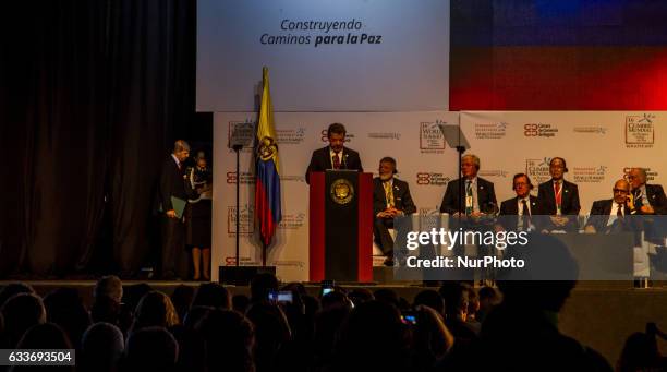 Colombian President and 2016 Nobel peace laureate Juan Manuel Santos delivers a speech during the opening ceremony of the 16th World Summit of Nobel...