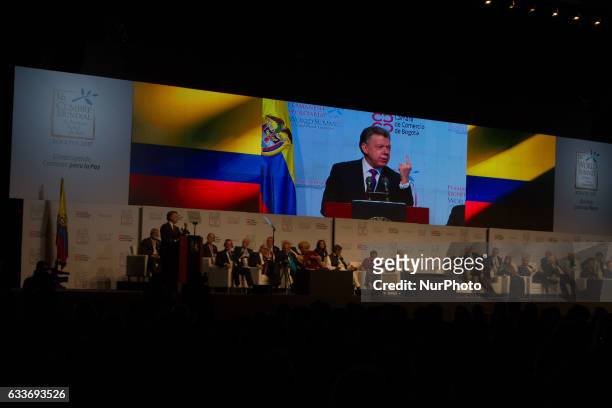 Colombian President and 2016 Nobel peace laureate Juan Manuel Santos delivers a speech during the opening ceremony of the 16th World Summit of Nobel...