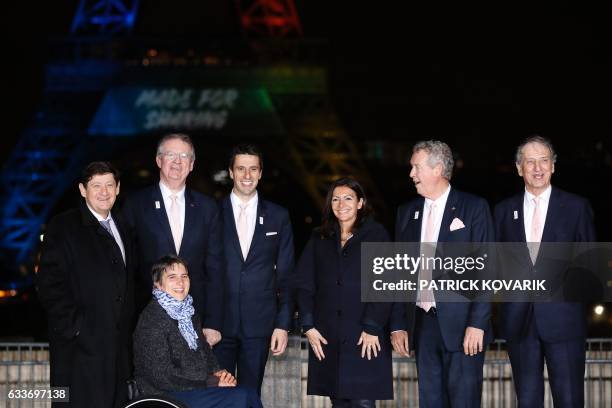 French Minister for Cities, Youth and Sport Patrick Kanner, co-presidents of the Paris bid for the 2024 Olympics Bernard Lapasset and Tony Estanguet,...