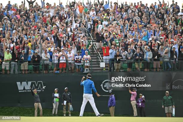 Bubba Watson birdies the 16th hole during the second round of the Waste Management Phoenix Open, at TPC Scottsdale on February 3, 2017 in Scottsdale,...