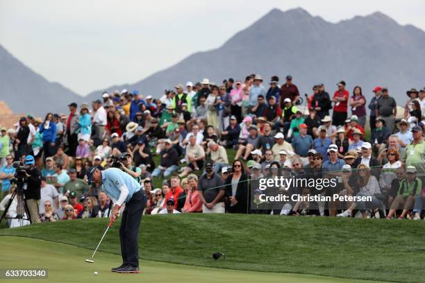 Matt Kuchar putts on the ninth green during the second round of the Waste Management Phoenix Open at TPC Scottsdale on February 3, 2017 in...