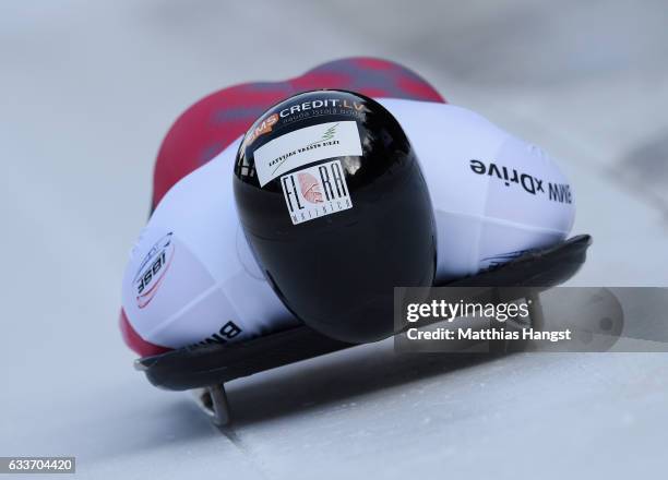 Tomass Dukurs of Latvia competes during the Men's Skeleton first run of the BMW IBSF World Cup at Olympiabobbahn Igls on February 3, 2017 in...