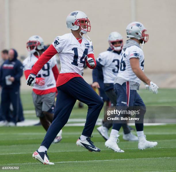 Michael Floyd of the New England Patriots works out during a practice session ahead of Super Bowl LI on February 3, 2017 in Houston, Texas.