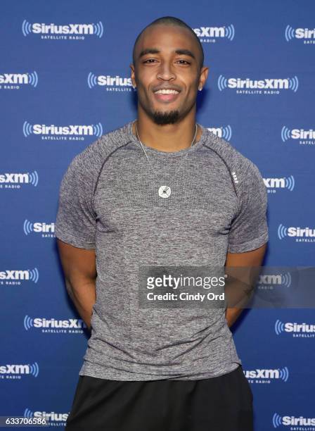 Seattle Seahawks wide receiver Doug Baldwin visits the SiriusXM set at Super Bowl LI Radio Row at the George R. Brown Convention Center on February...
