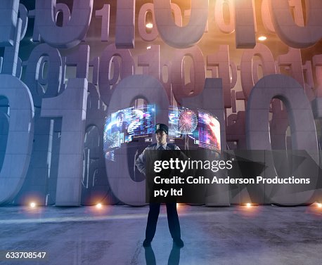 Security officer with hologram screens guarding binary code Security officer with hologram screens guarding binary code
