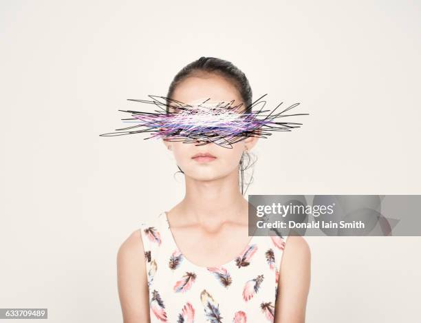 mixed race girl with eyes scribbled out - strikethrough stock pictures, royalty-free photos & images