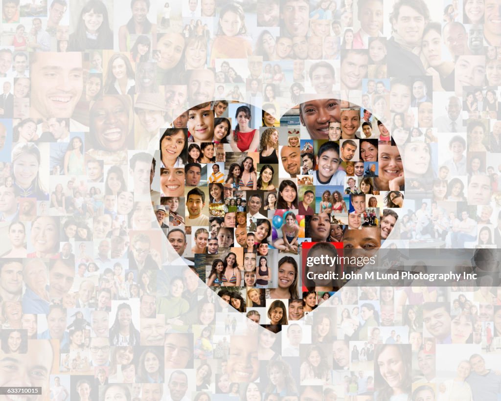 Illuminated heart in collage of smiling faces