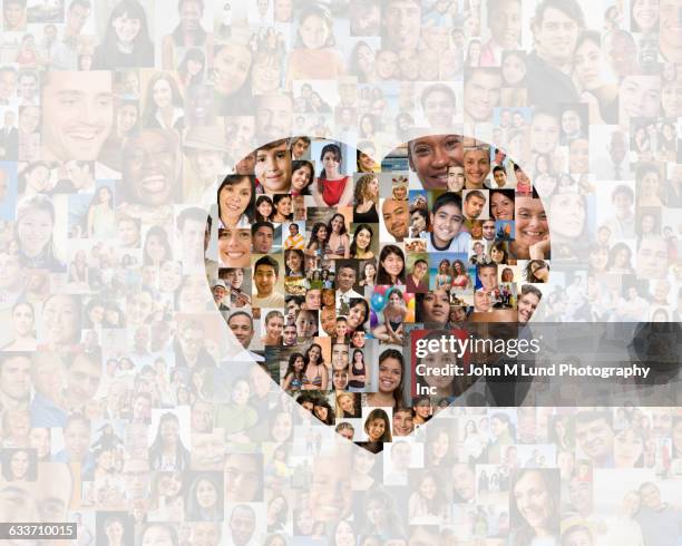 illuminated heart in collage of smiling faces - online dating stock illustrations