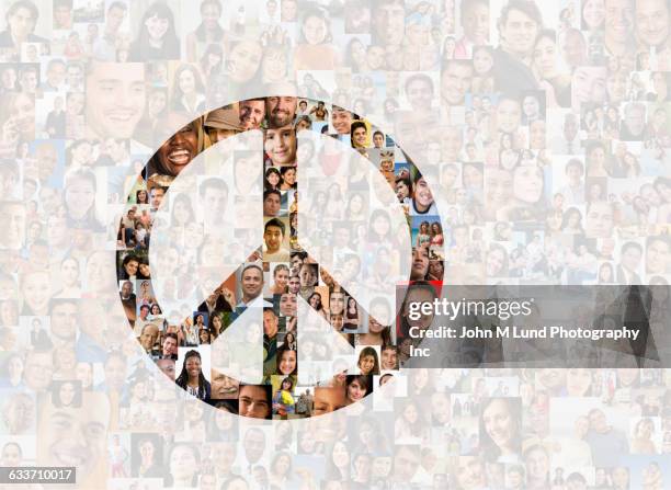 ilustrações, clipart, desenhos animados e ícones de illuminated peace sign in collage of smiling faces - peace sign