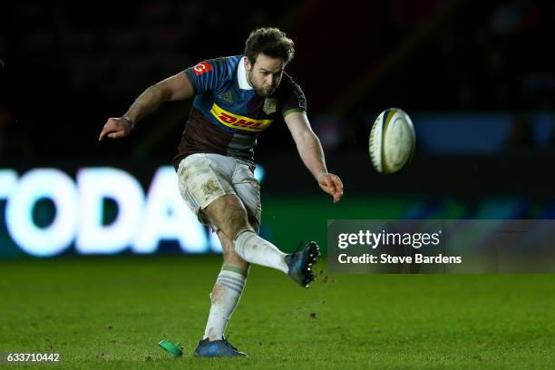 Ruaridh Jackson of Harlequins kicks a conversion during the Anglo-Welsh Cup match between Harlequins and Sale Sharks at Twickenham Stoop on February...