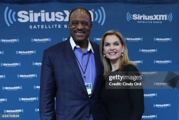 Sportscaster James Brown and Victoria Osteen visit the SiriusXM set at Super Bowl LI Radio Row at the George R. Brown Convention Center on February...