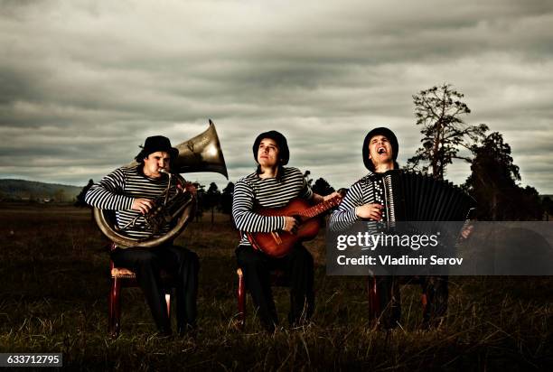 caucasian band playing instruments in field - accordion instrument stockfoto's en -beelden