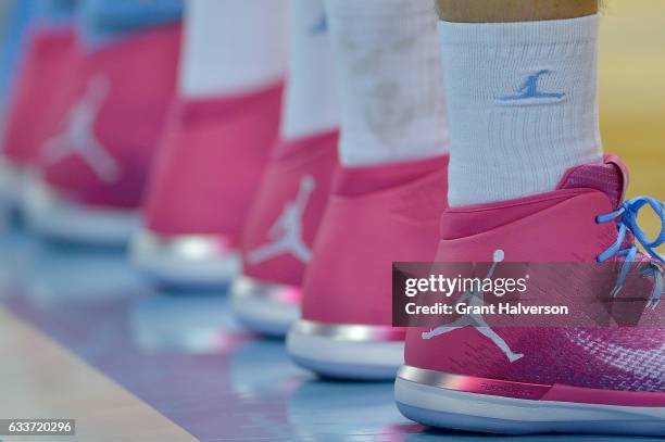 Detail photo of pink Nike Air Jordan shoes worn by thew North Carolina Tar Heels during the game against the Virginia Tech Hokies at the Dean Smith...