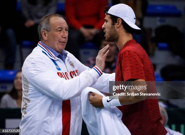Karen Khachanov talk with the team captain Shamil Tarpischev of Russia aduring the Davis Cup World Group first round single match between Serbia and...