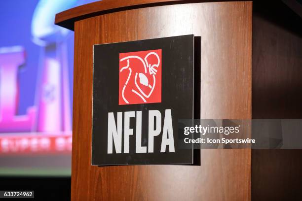 Logo during the National Football League Players Association speaks during the NFLPA Press Conference on February 02 at the George R Brown Convention...