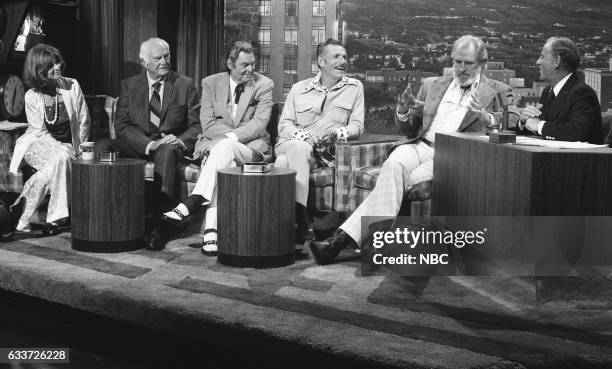 Pictured: Actress Lee Grant, Actor James Pierce, Swimmer Johnny Weissmuller, Swimmer Buster Crabbe and Actor Jock Mahoney during an interview with...