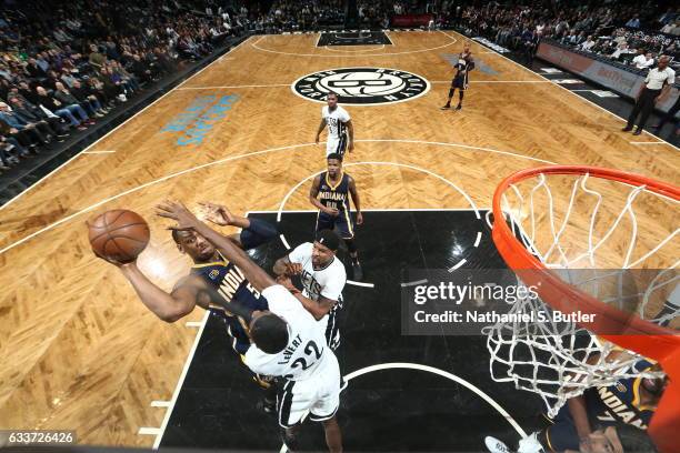 Lavoy Allen of the Indiana Pacers shoots the ball against the Brooklyn Nets on February 3, 2017 at Barclays Center in Brooklyn, New York. NOTE TO...