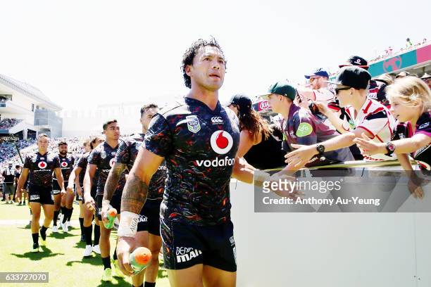 Ruben Wiki of the Warriors leads the team into the dressing room prior to the 2017 Auckland Nines match between the Warriors and the Sea Eagles at...