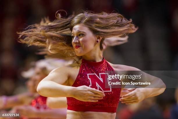 Nebraska Cornhuskers dance team member is dancing during a time out in the game against the Michigan State Spartans on February 02 at the Pinnacle...