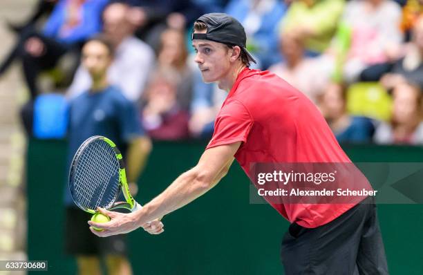 Arthur De Greef of Belgium in action against Alexander Zverev of Germany during day one of the Davis Cup World Group first round between Germany and...