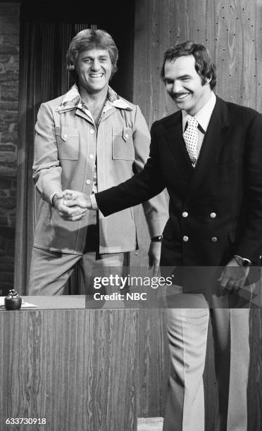 Pictured: Guest Host Don Meredith greeting Acto Burt Reynoldson May 7th, 1975--