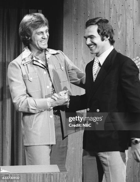 Pictured: Guest Host Don Meredith greeting Acto Burt Reynolds on May 7th, 1975--