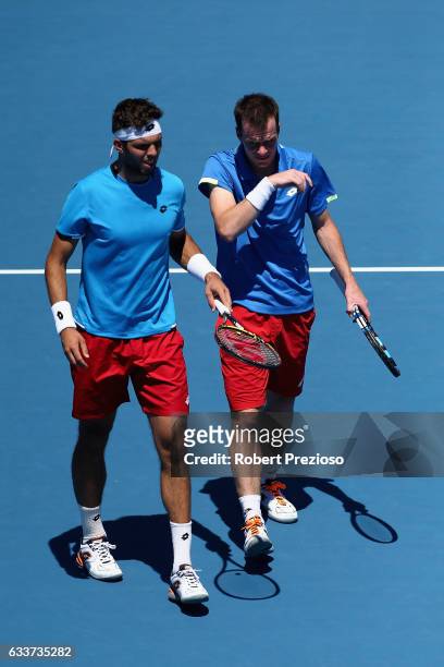 Jiri Vesely and Jan Satral of Czech Republic compete in their doubles match against John Peers and Sam Groth of Australia during the first round...