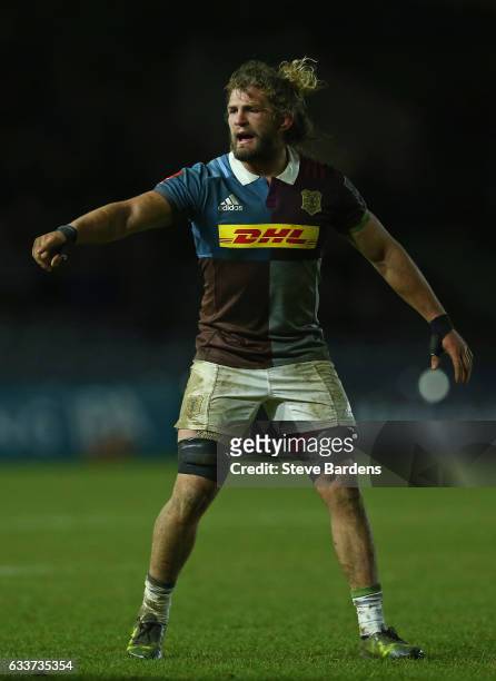 Luke Wallace of Harlequins during the Anglo-Welsh Cup match between Harlequins and Sale Sharks at Twickenham Stoop on February 3, 2017 in London,...