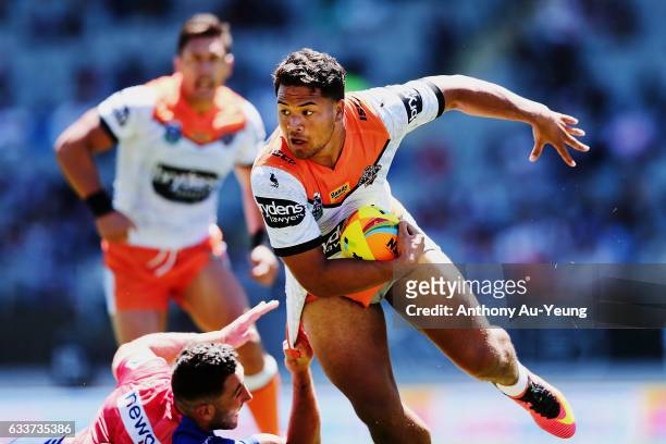 Esan Marsters of the Wests Tigers is tackled by Brock Lamb of the Knights during the 2017 Auckland Nines match between the Knights and the Wests...