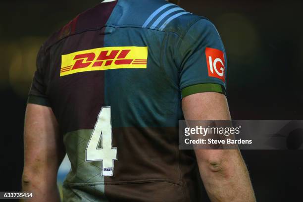 Detail of playing kit during the Anglo-Welsh Cup match between Harlequins and Sale Sharks at Twickenham Stoop on February 3, 2017 in London, England.