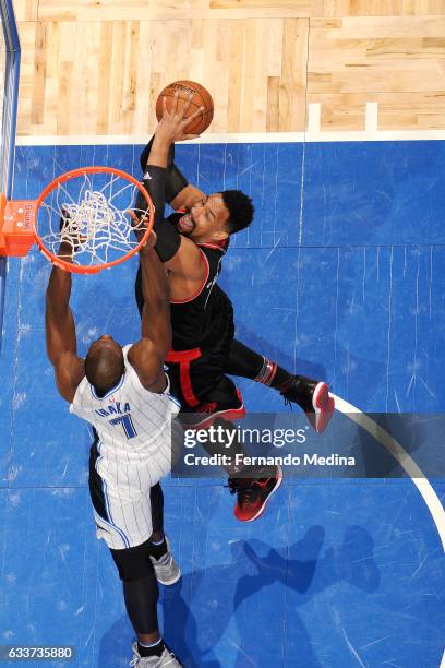 Jared Sullinger of the Toronto Raptors goes for the lay up during the game against the Orlando Magic on February 3, 2017 at Amway Center in Orlando,...