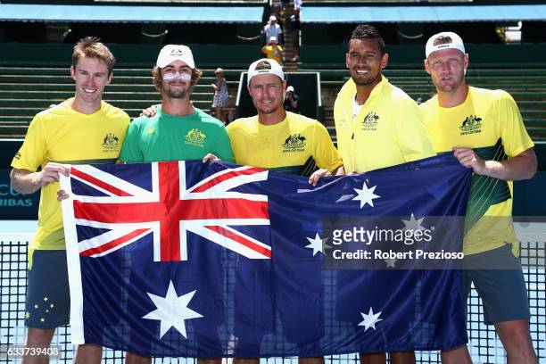 Lleyton Hewitt captain of Australia celebrates with team-mates after Sam Groth and John Peers of Australia win in their doubles match and win the tie...