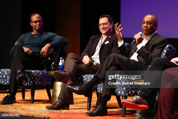Actors Cornelius Smith Jr., Joshua Malina, and Joe Morton speak at a Q&A for 'Scandal' during Day Two of the aTVfest 2017 presented by SCAD at...