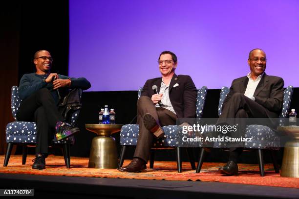 Actors Cornelius Smith Jr., Joshua Malina, and Joe Morton speak at a Q&A for 'Scandal' during Day Two of the aTVfest 2017 presented by SCAD at...