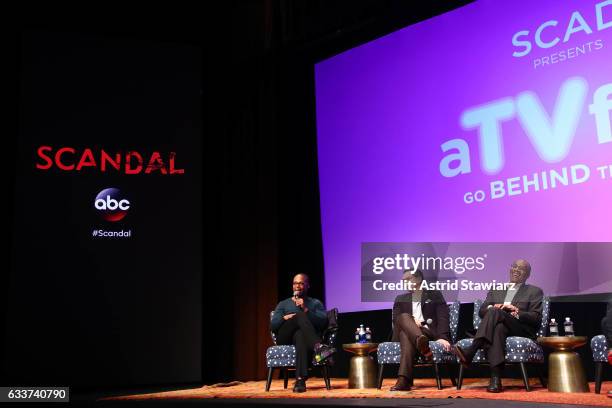 Actors Cornelius Smith Jr., Joshua Malina, and Joe Morton speak at a Q&A for 'Scandal' during Day Two of the aTVfest 2017 presented by SCAD at...