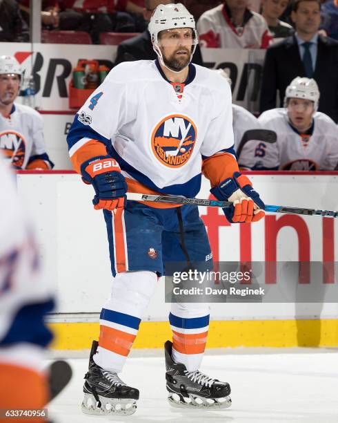 Dennis Seidenberg of the New York Islanders skates in his 800th NHL game against the Detroit Red Wings at Joe Louis Arena on February 3, 2017 in...