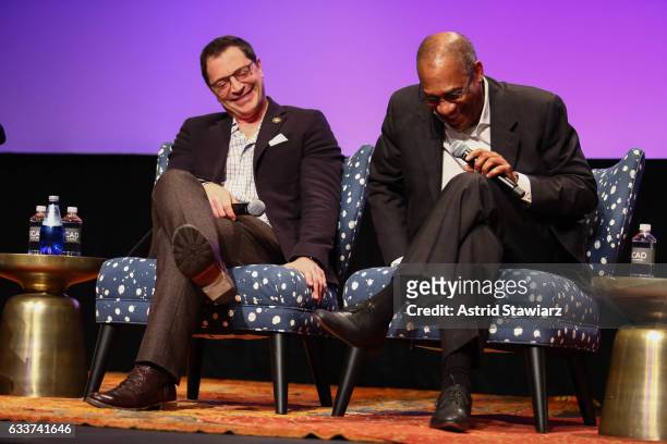 Actor Joshua Malina and Actor Joe Morton on stage at a Q&A for 'Scandal' during Day Two of the aTVfest 2017 presented by SCAD at SCADshow on February...
