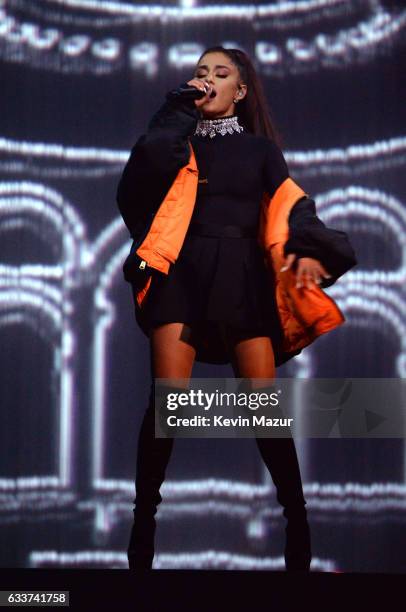 Ariana Grande performs on stage during the "Dangerous Woman" Tour Opener at Talking Stick Resort Arena on February 3, 2017 in Phoenix, Arizona.