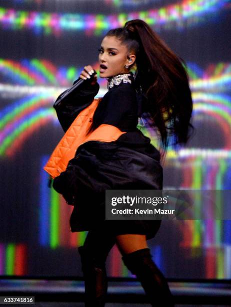 Ariana Grande performs on stage during the "Dangerous Woman" Tour Opener at Talking Stick Resort Arena on February 3, 2017 in Phoenix, Arizona.