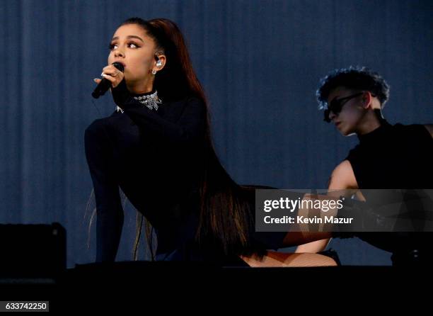 Ariana Grande performs on stage during the "Dangerous Woman" Tour Opener at Talking Stick Resort Arena on February 3, 2017 in Phoenix, Arizona.