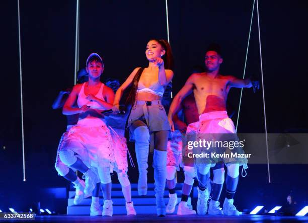 Ariana Grande performs on stage during the "Dangerous Woman" Tour Opener at Talking Stick Resort Arena on February 3, 2017 in Phoenix, Arizona.