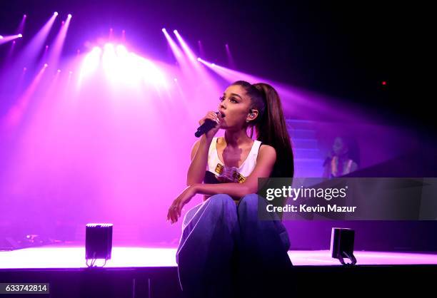 Ariana Grande performs on stage during the "Dangerous Woman" Tour Opener at Talking Stick Resort Arena on February 3, 2017 in Phoenix, Arizona.