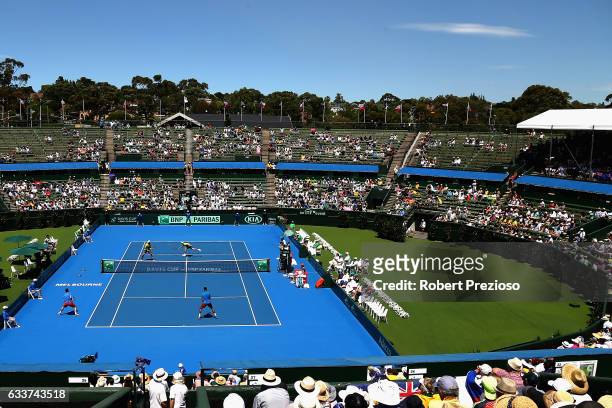 General view as John Peers and Sam Groth of Australia compete in their doubles match against Jiri Vesely and Jan Satral of Czech Republic during the...
