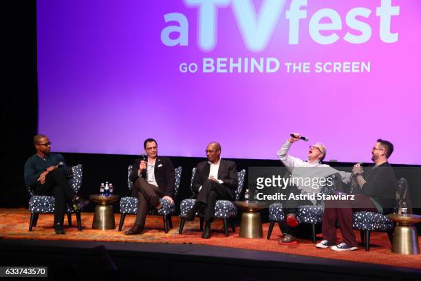 Actors Cornelius Smith Jr., Joshua Malina, Joe Morton, Jeff Perry, and Moderator Damian Holbrook speak at a Q&A for 'Scandal' during Day Two of the...
